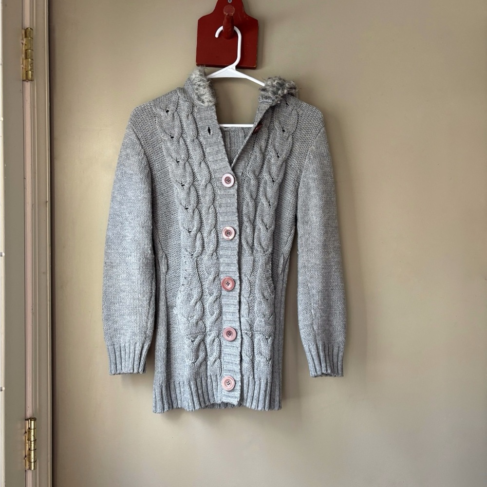 Y2K Grey Button Down Fur Trim Hooded Sweater S-M